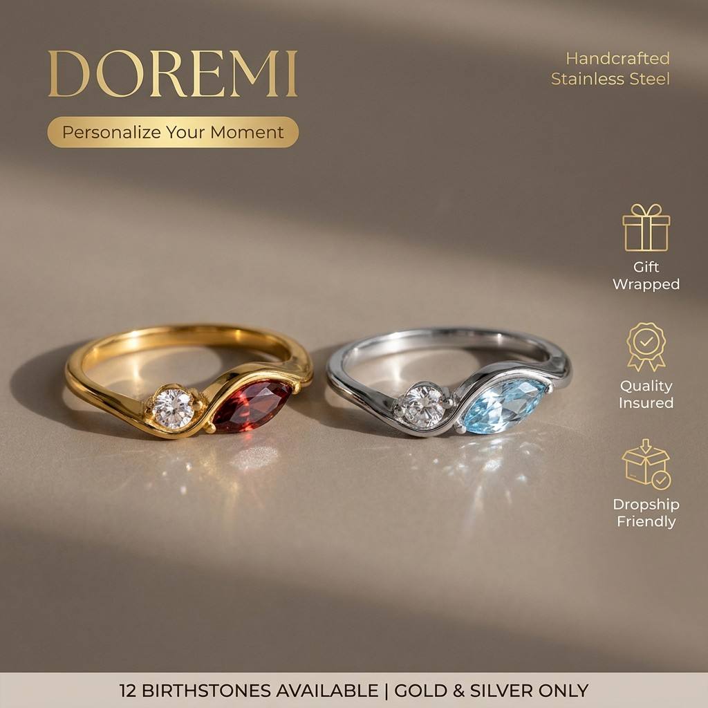 Birthstone Ring Set - خاتم DOREMI مقاوم للماء ومقاوم للصدأ