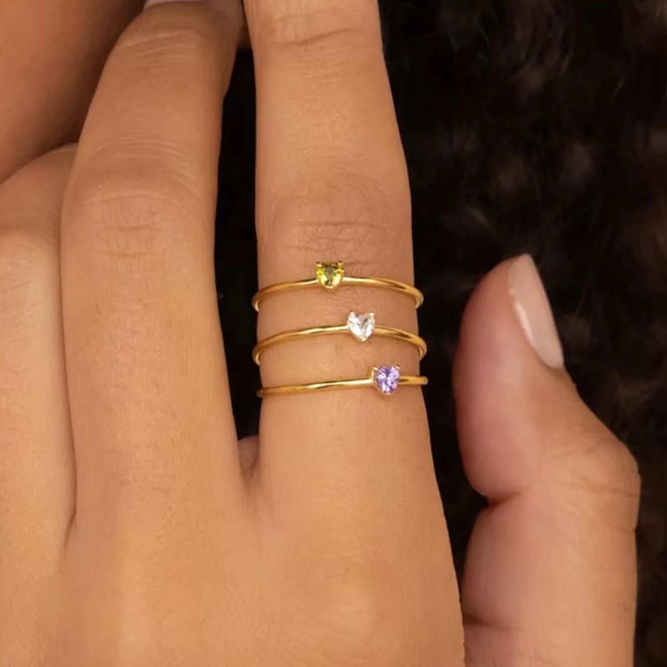 Birthstone Ring Set - 12 جوهرة الميلاد زركونيا القلب خواتم