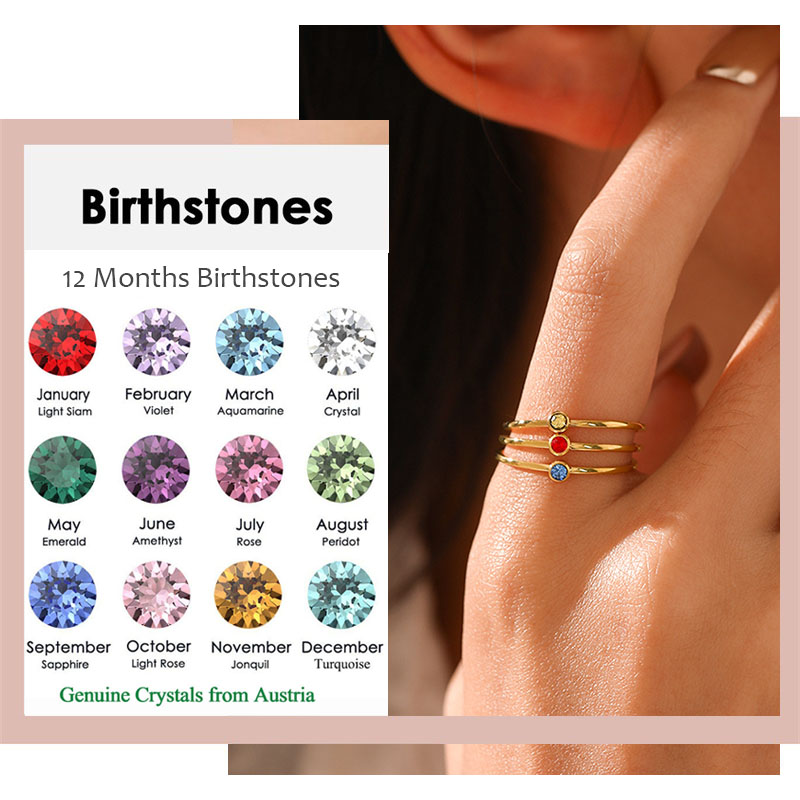 Birthstone Ring Set - خاتم جوهرة الميلاد من الفولاذ المقاوم