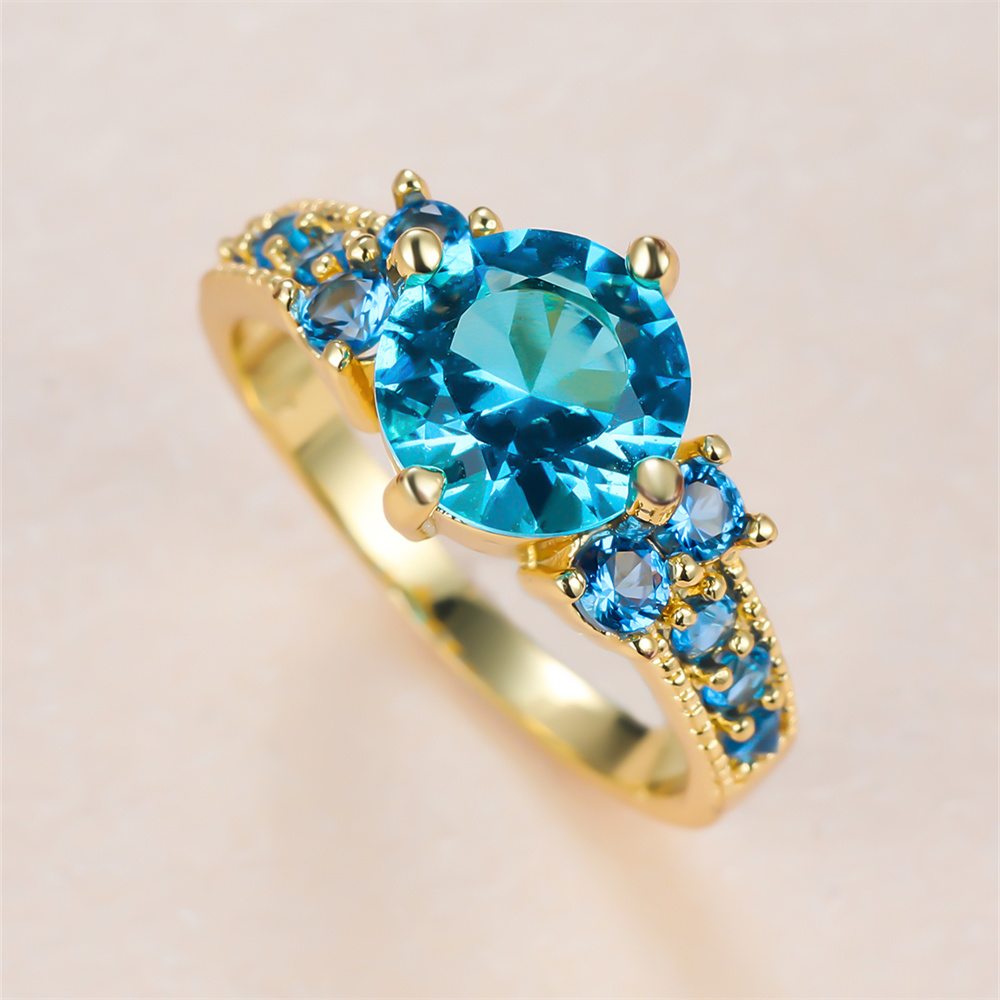 Birthstone Ring Set - أكوا الأزرق كريستال حجر مستدير خواتم